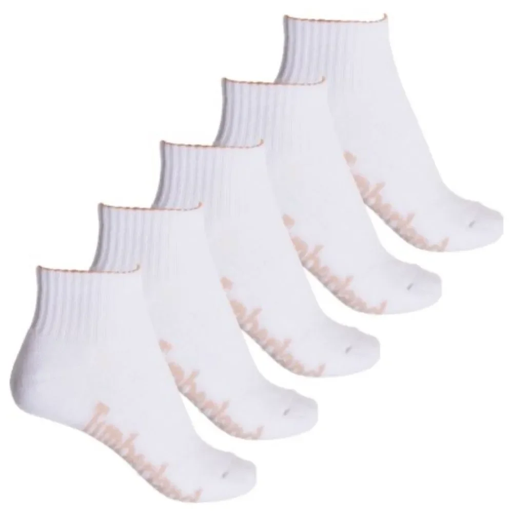 Timberland White Ivory Logo Aerated Half Cushioned Cotton Blend Socks 5 pack